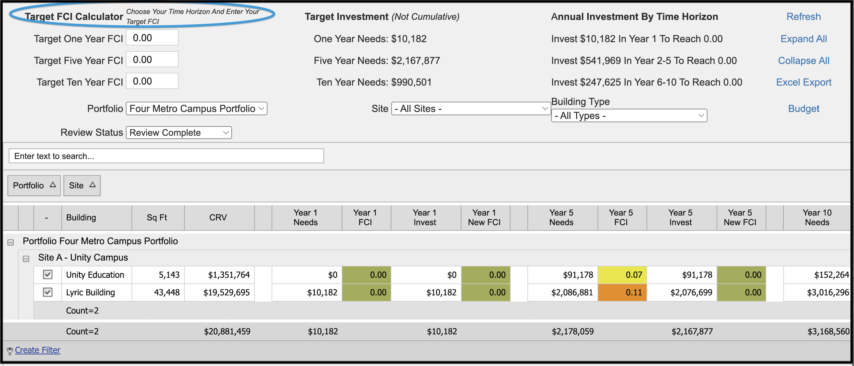 Target FCI Calculator screen