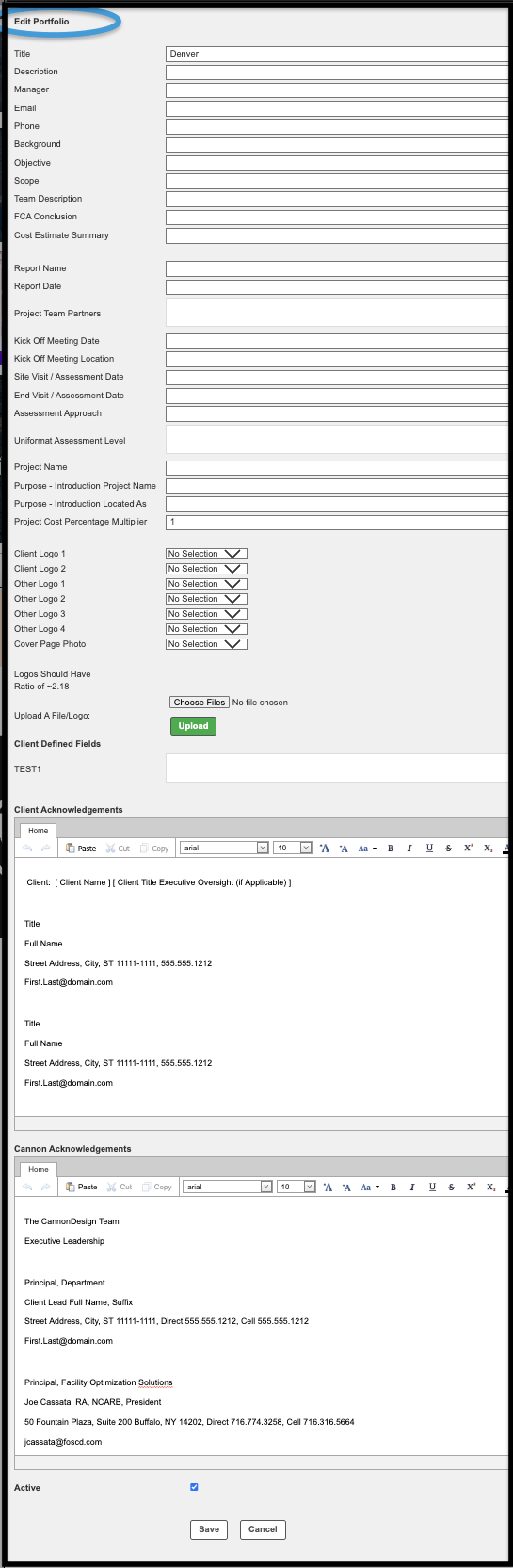 Add/Edit Porfolio form