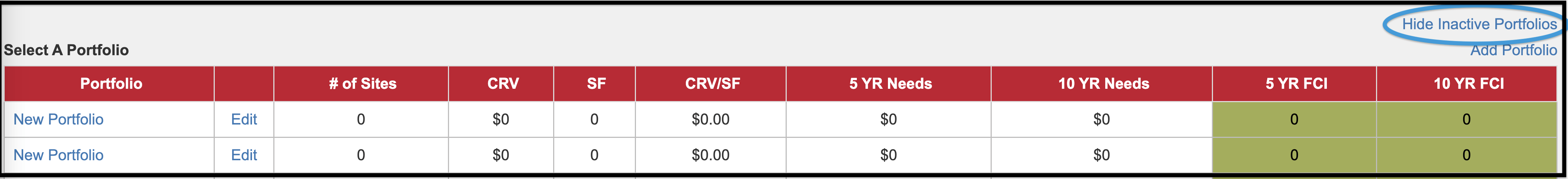 Hide Inactive Portfiolios linke highlighted on the Portfolio Data Grid screen