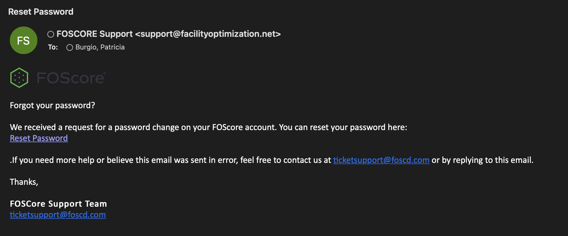 password reset email