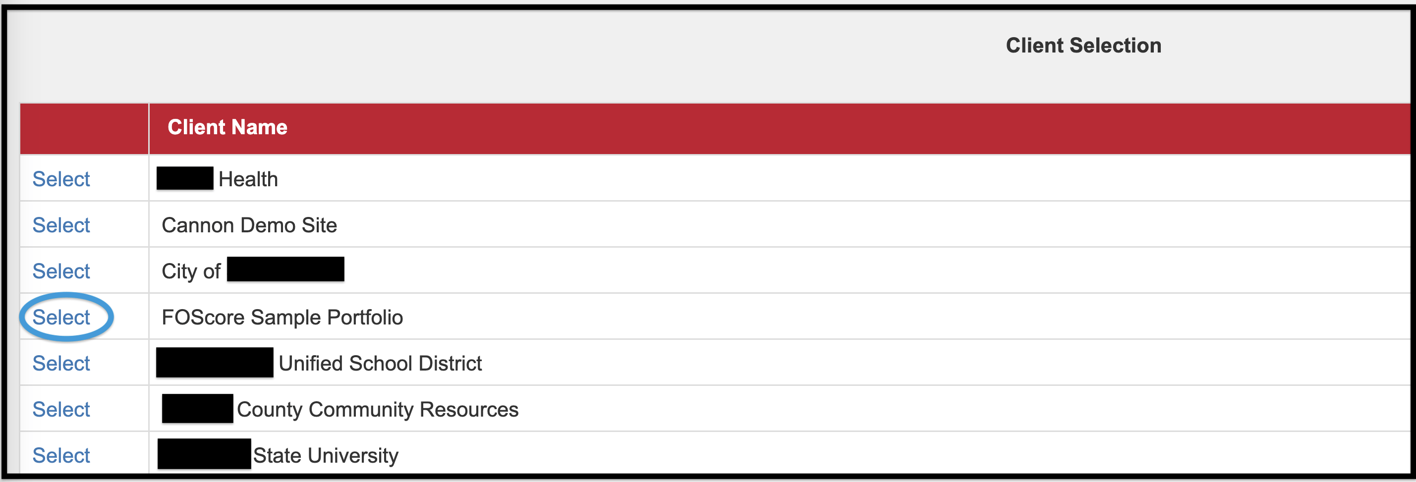 Client Selection grid