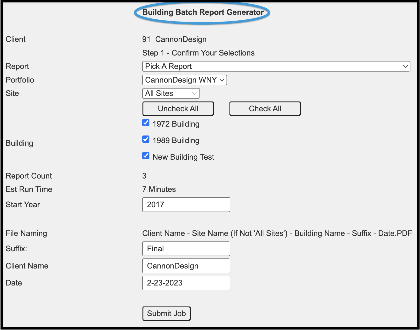 Batch Building Report Generator screen