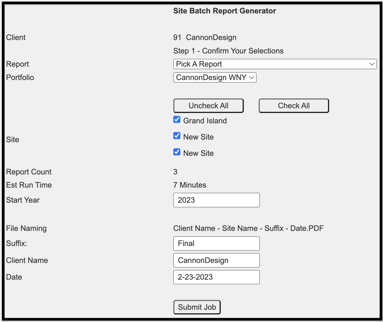 Site Batch Report Generator screen