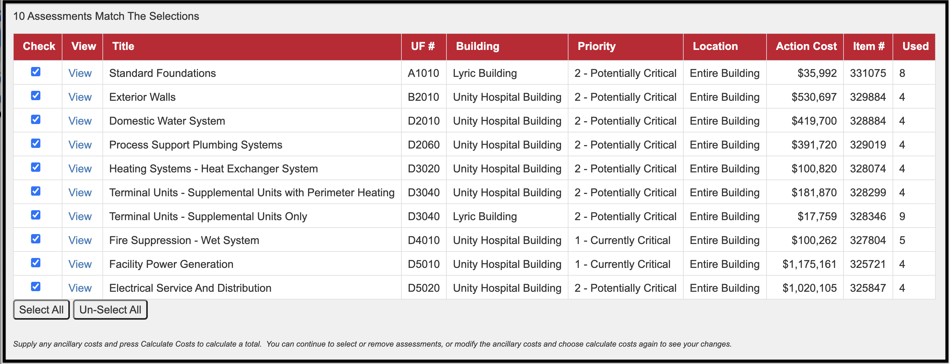 Data grid showing assessments that meet the criteria of previous selections