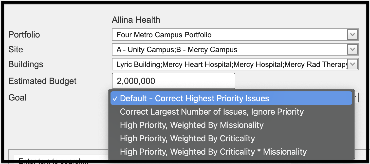 sample Goal selected, "Default - Correct Highest Priority Issues"