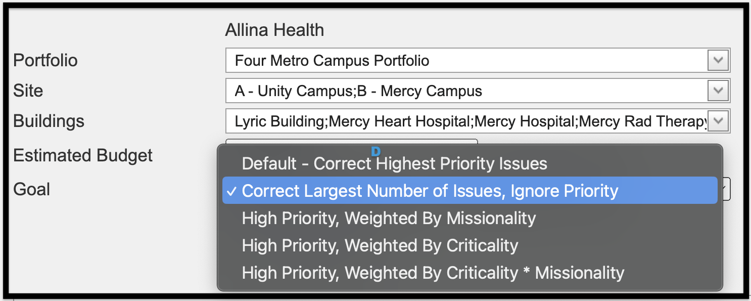 sample Goal selected, "Default - Correct Largest Number of Issues, Ignore Priority"