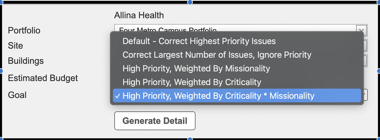 sample Goal selected, "High Priority, Weighted by Criticality Multiplied by Missionality"