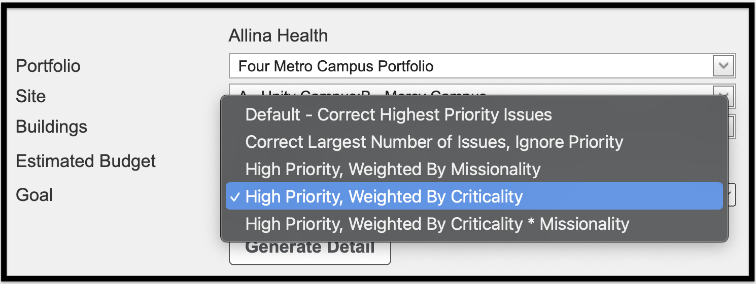 sample Goal selected, "High Priority, Weighted by Criticality"