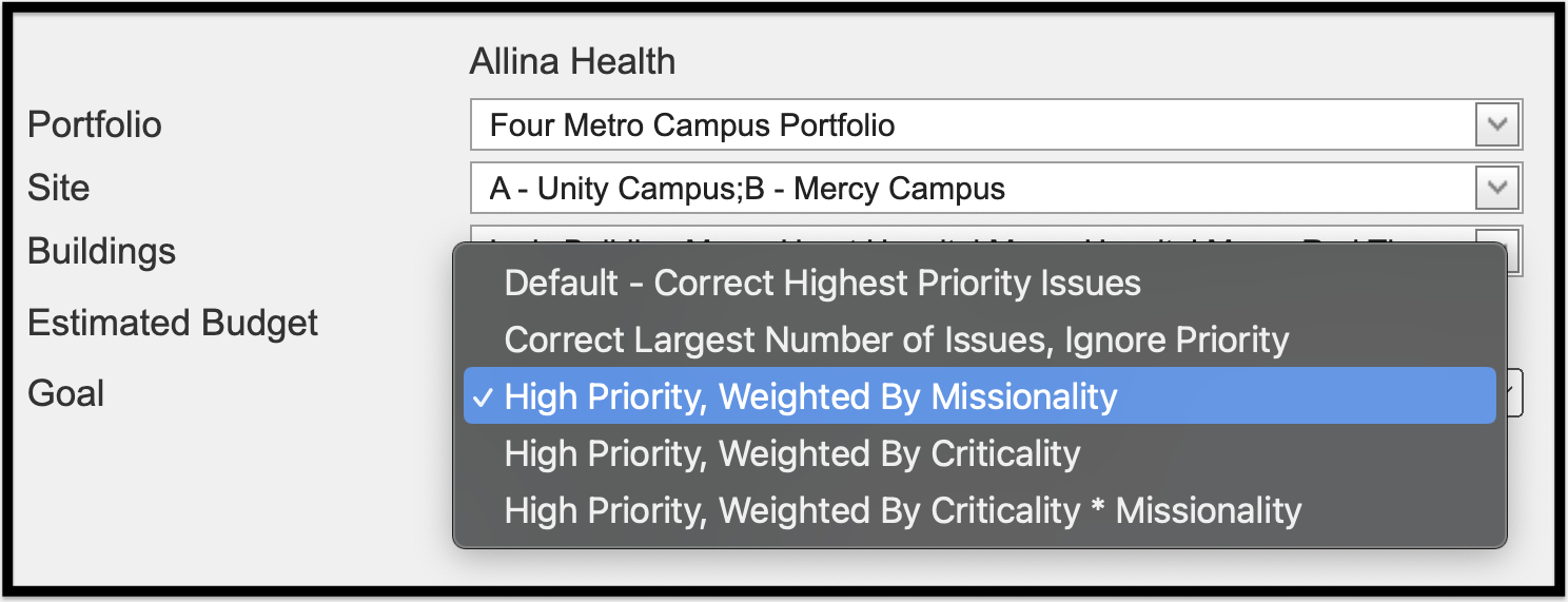 sample Goal selected, "High Priority, Weighted by Missionality"