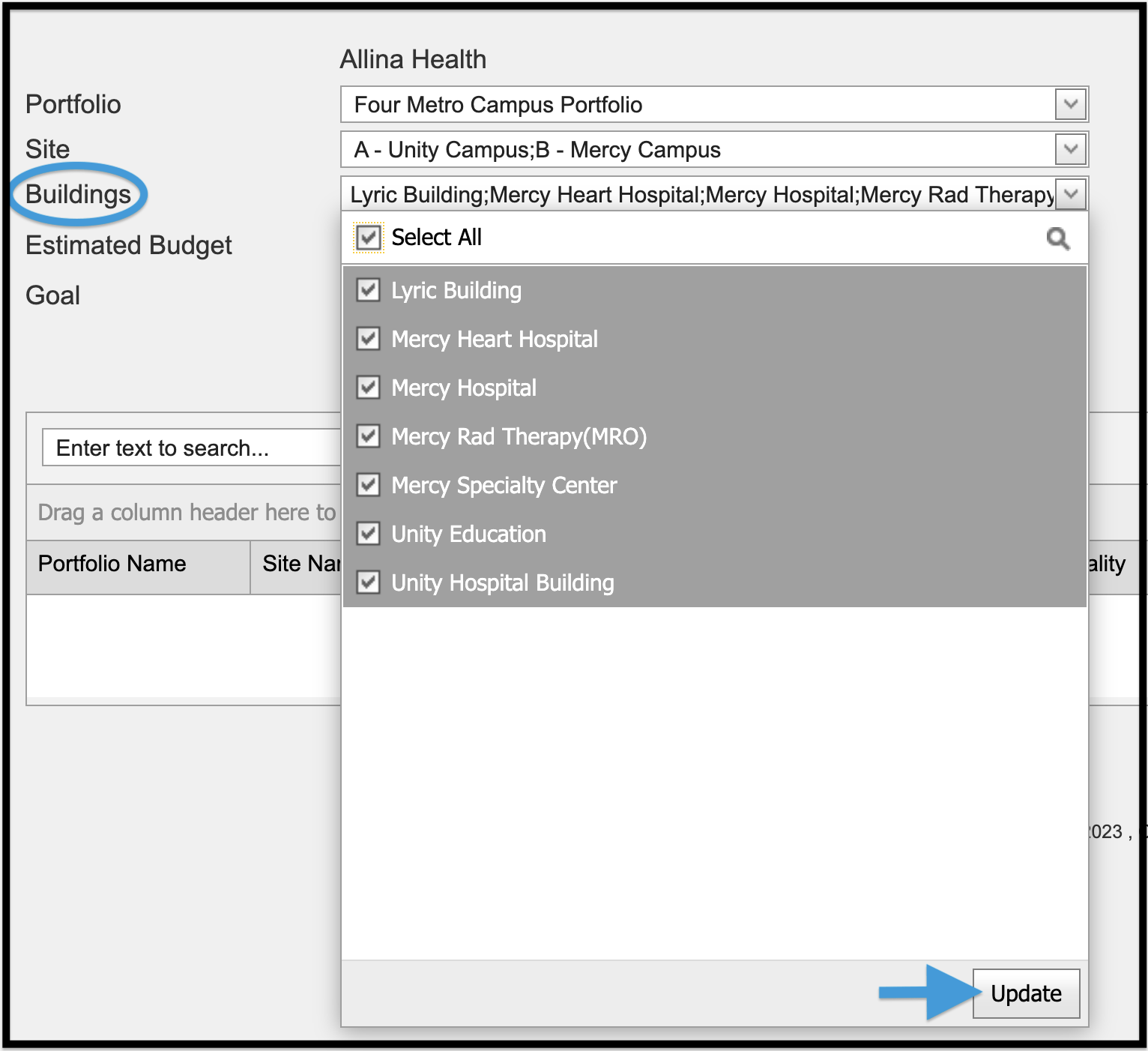 Buildings selection highlighted with dropdown menu