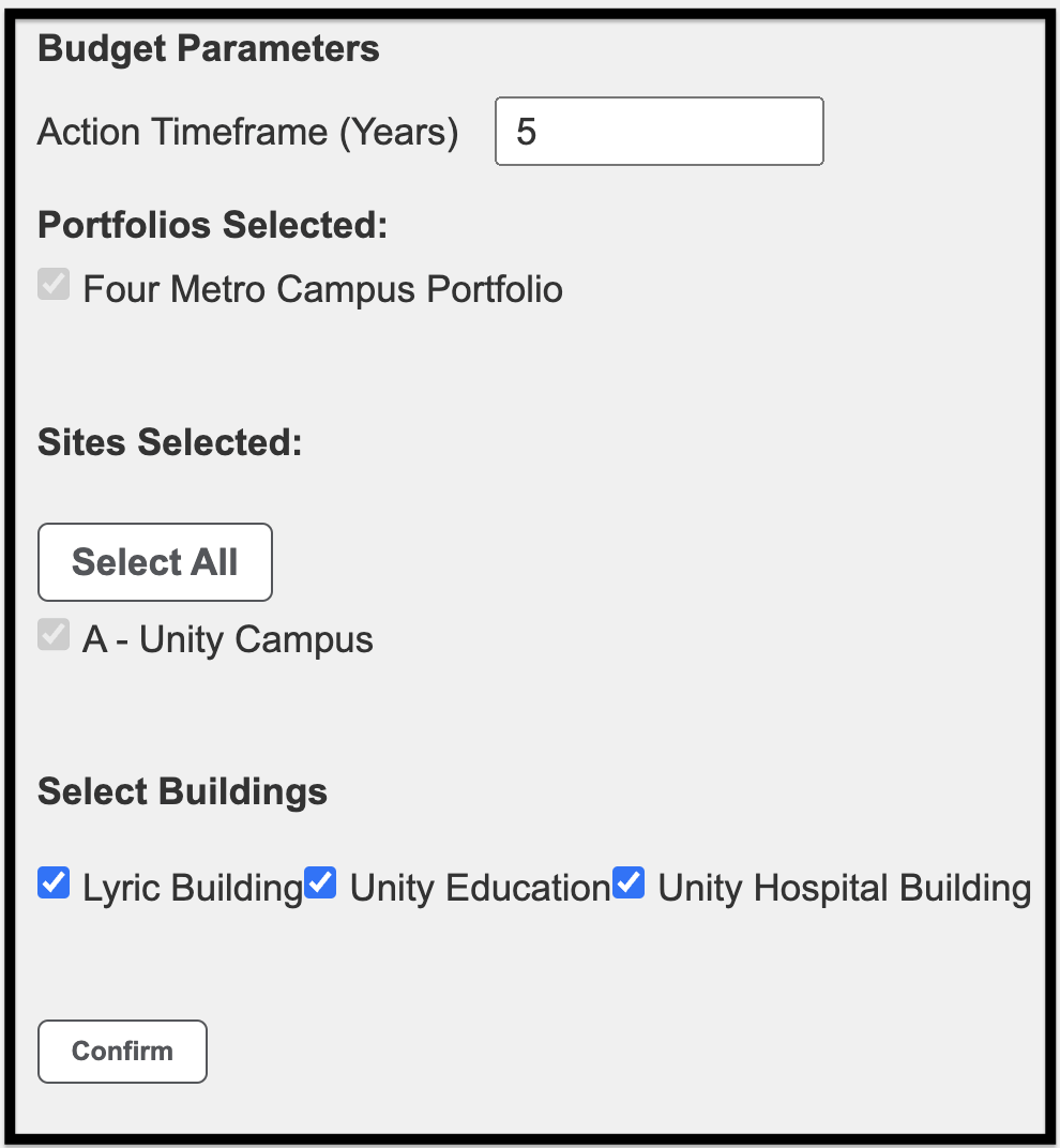 Budget Parameters page showing  Building selections