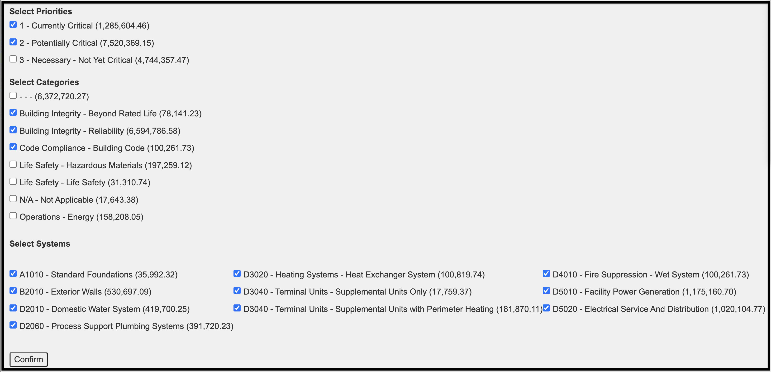 Budget Parameters page showing  Priorities, Categories, and Systems based on previous selections