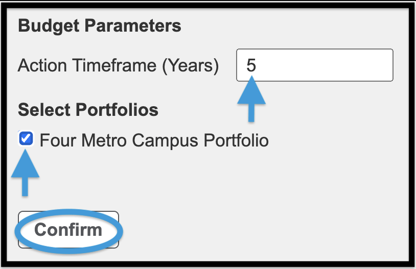 Budget Parameters page showing  Action Timeframe and Portfolio selected