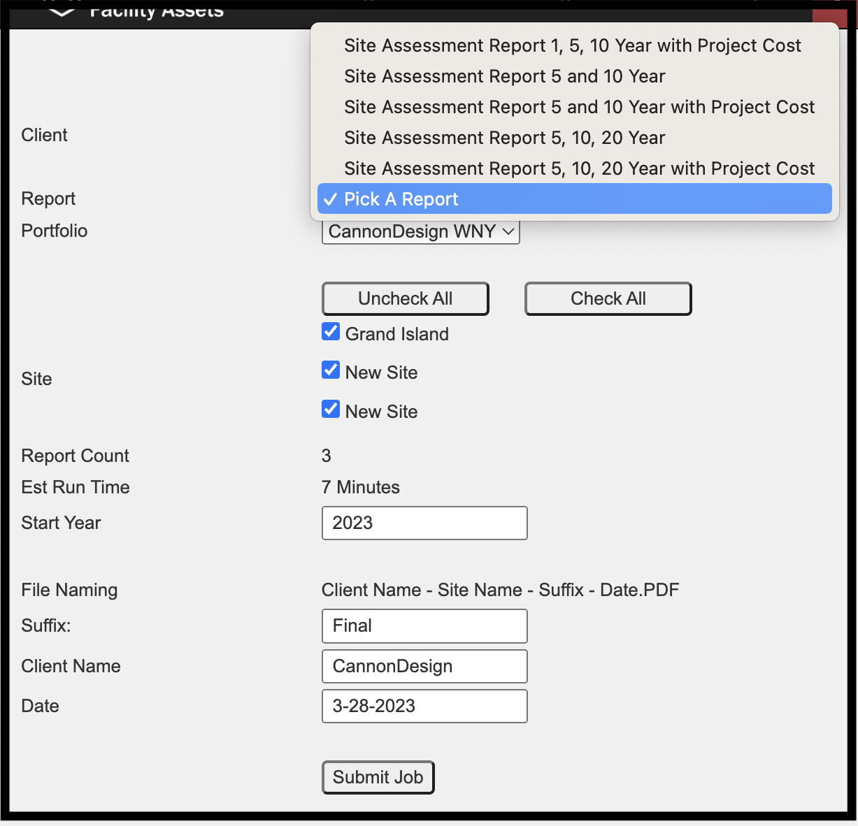 Pick A Report dropdown menu