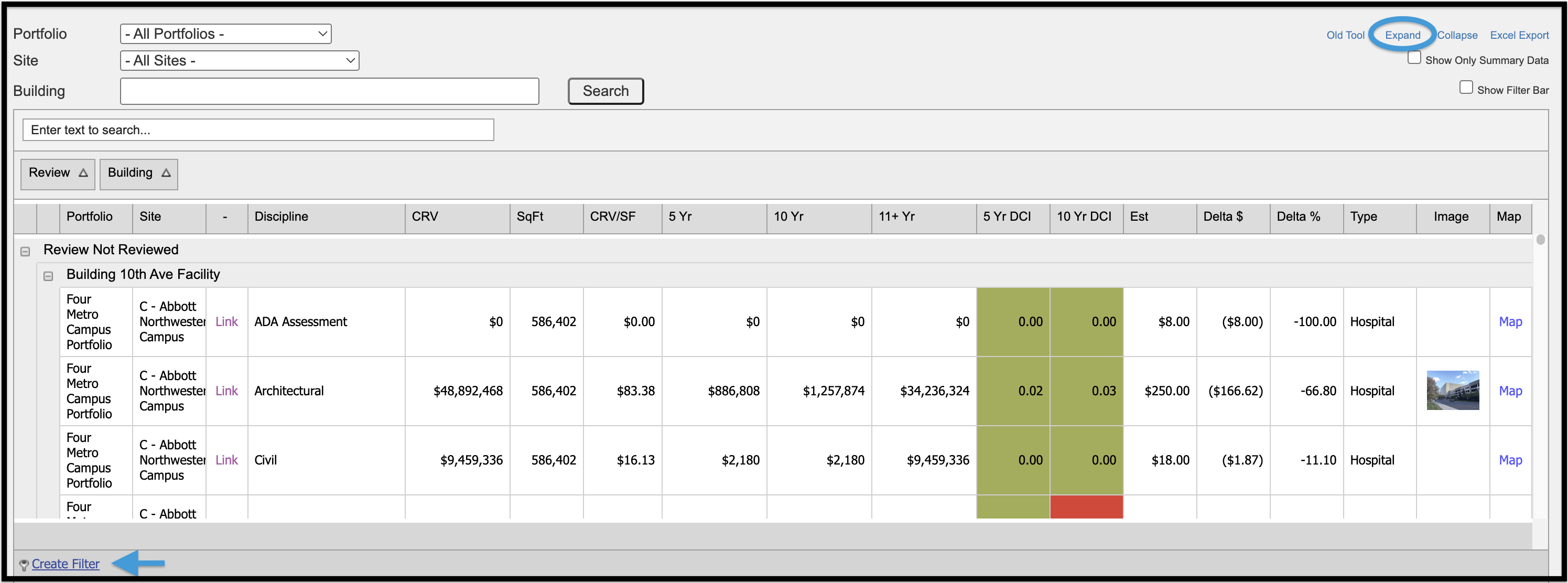 Modeled Aggregate Expand and filter features highlighted