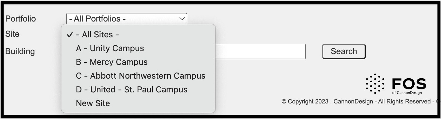 Modeled Aggregate Site dropdown menu