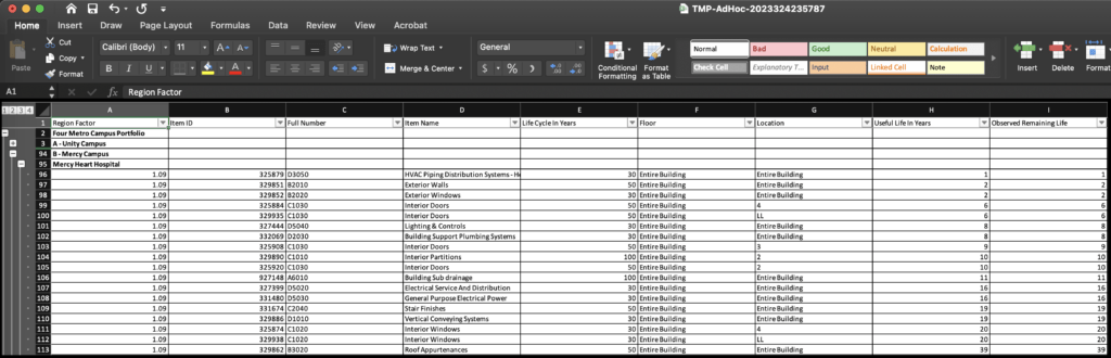 sample Excel export of an Ad Hoc report