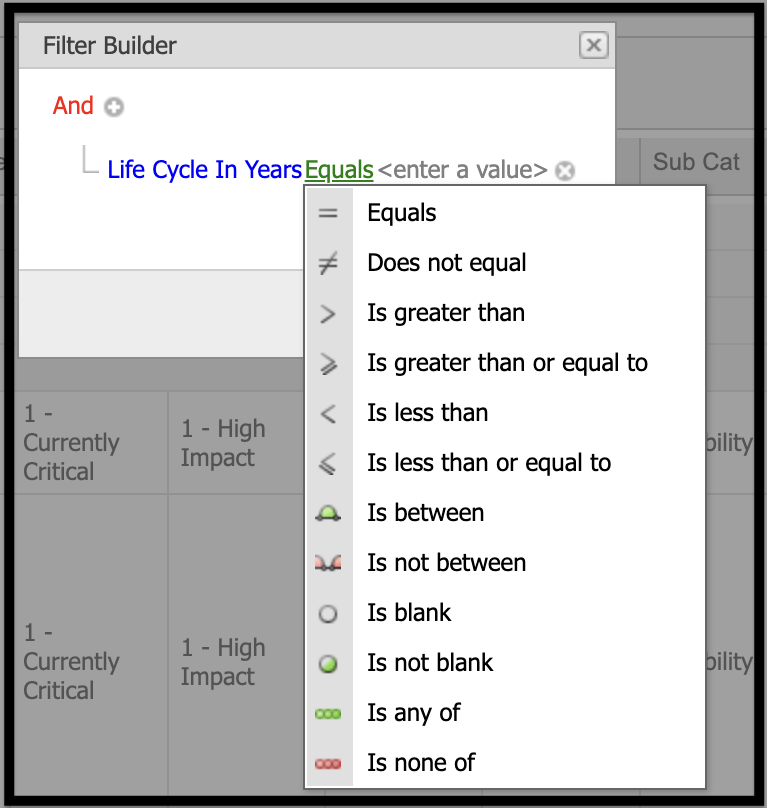 options being applied in Filter Builder