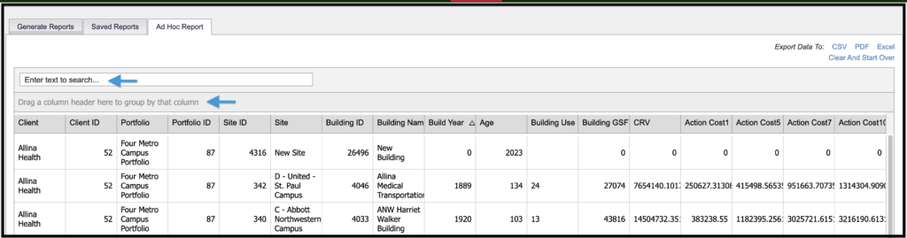 sample of Ad Hoc report choices using search function