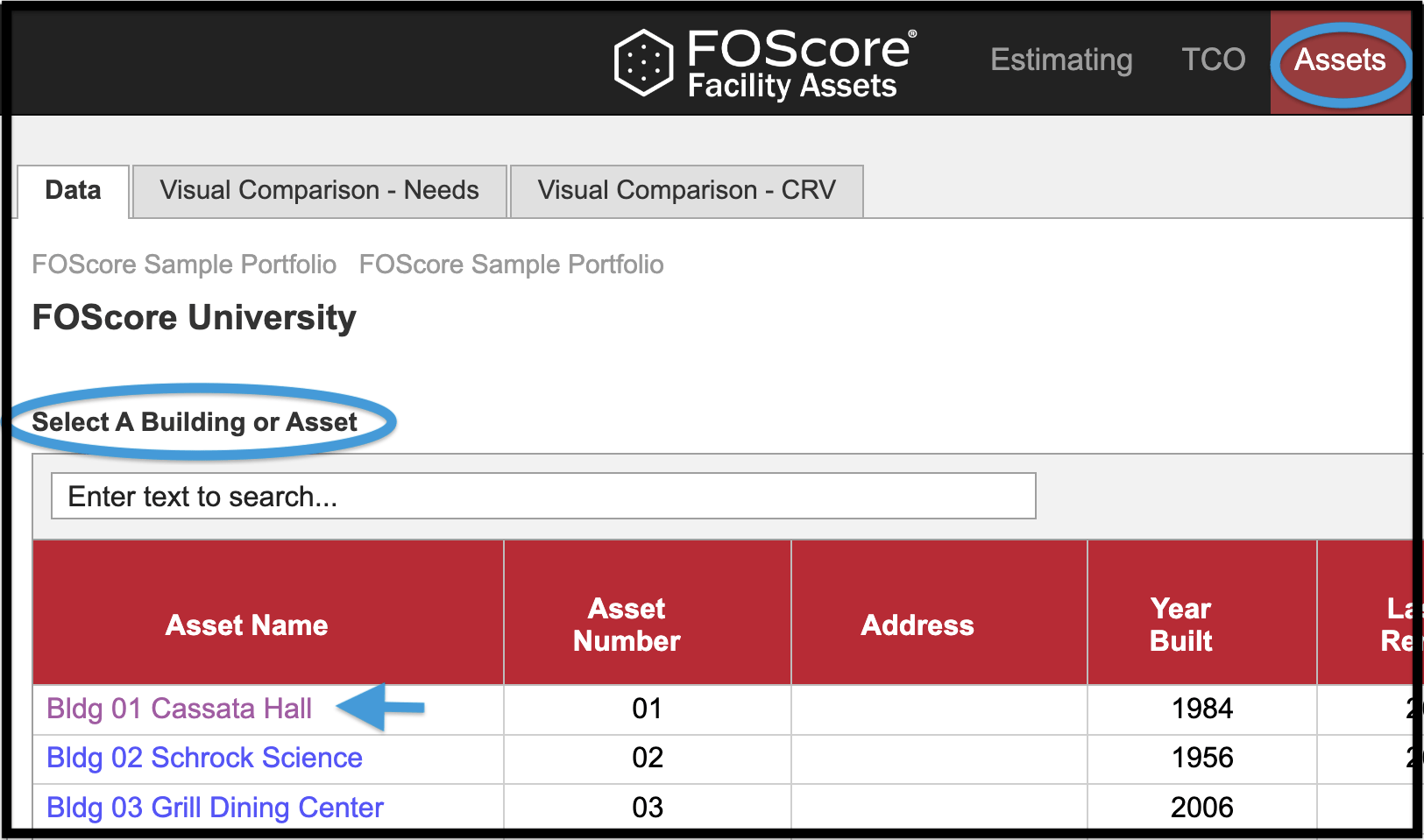 Data grid showing path to the TCO Data tab in the Assets module