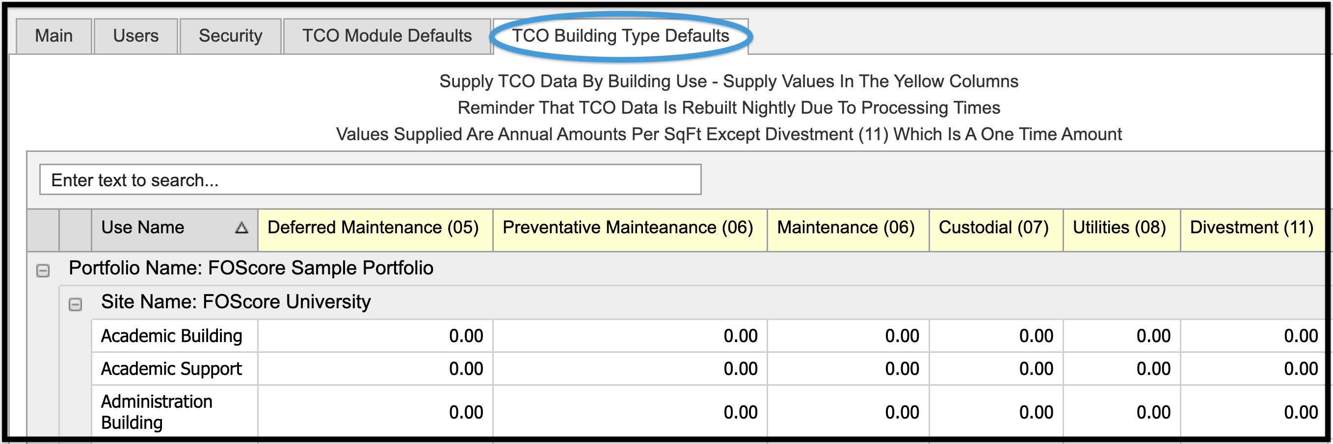 TCO Building Type Defaults tab in Admin Module