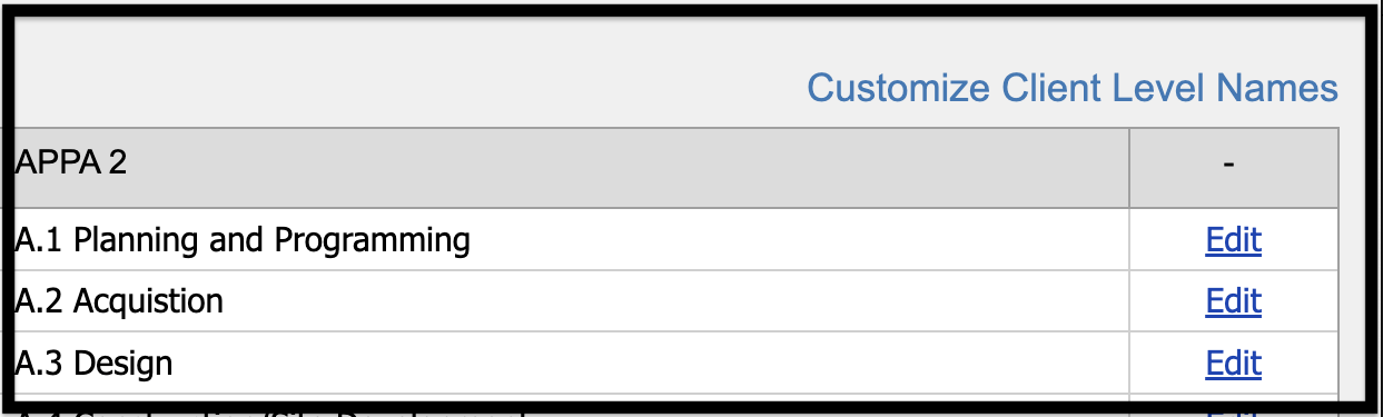 Customize Client Level Names link 