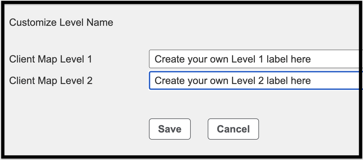 Client Map Level 1 and Level 2 text boxes with sample content