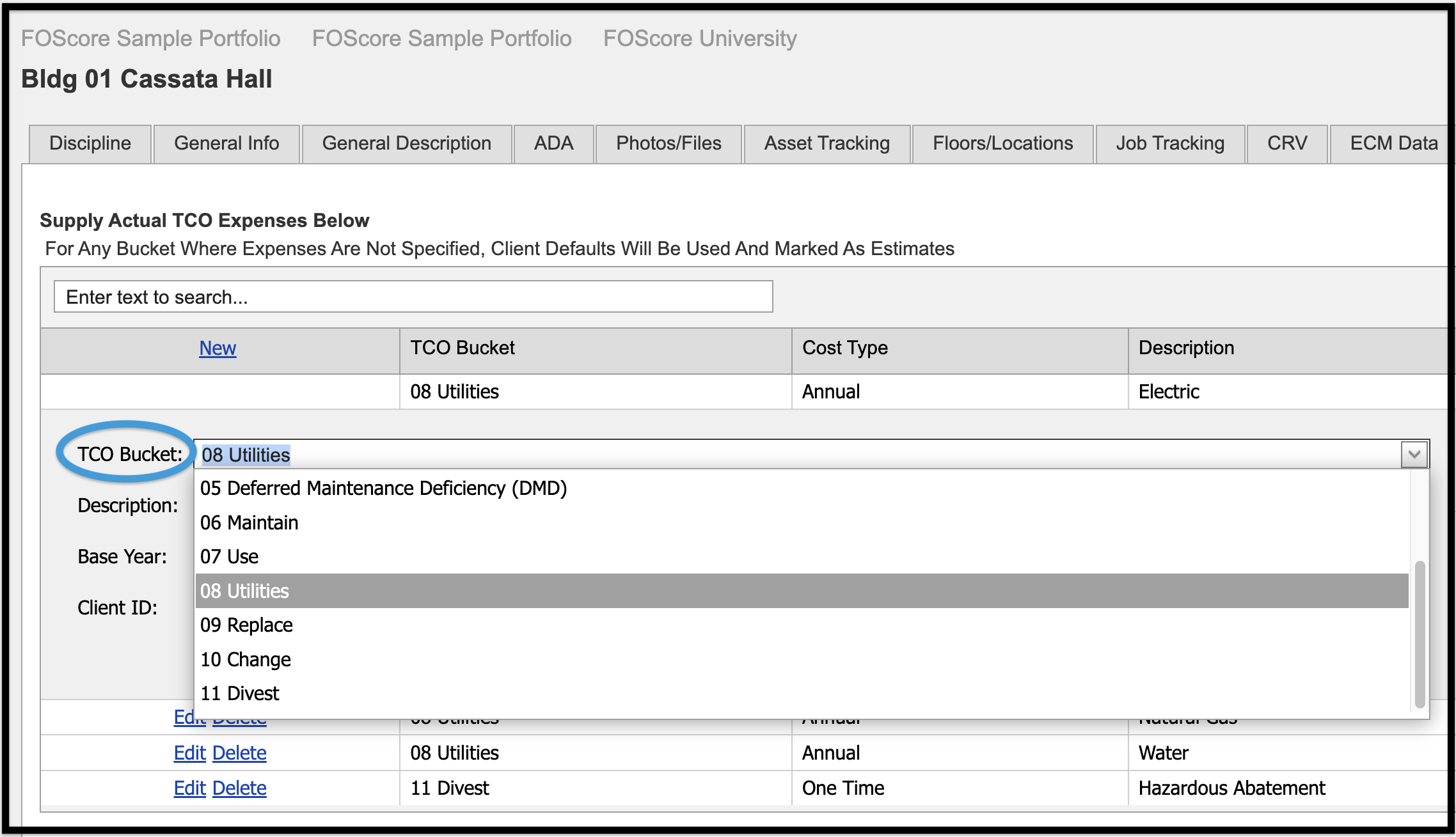 TCO Bucket dropdown menu highlighted on TCO Data tab of Assets module