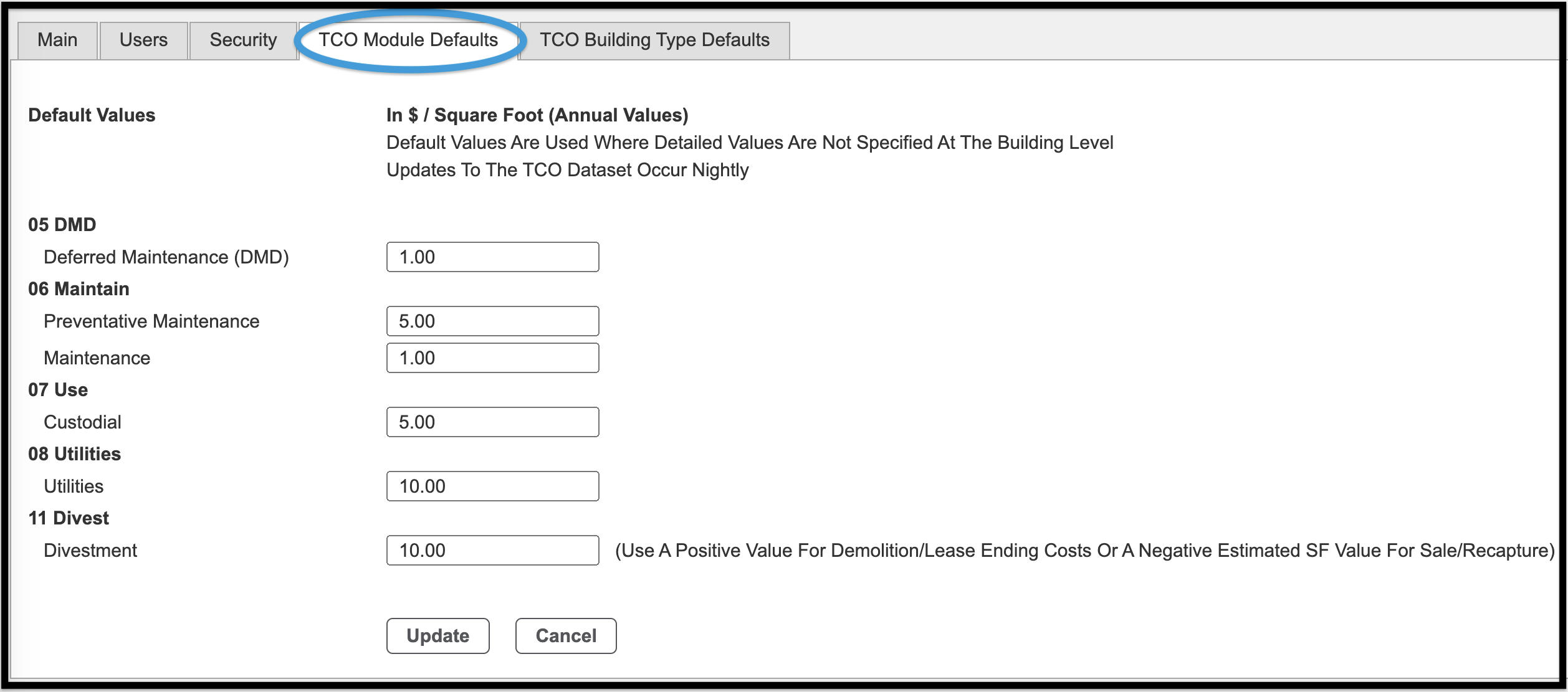 TCO Module Defaults tab of Admin module 