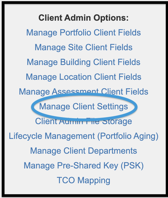 Manage Client Settings link in the Admin module which includes navigation to TCO Default settings 