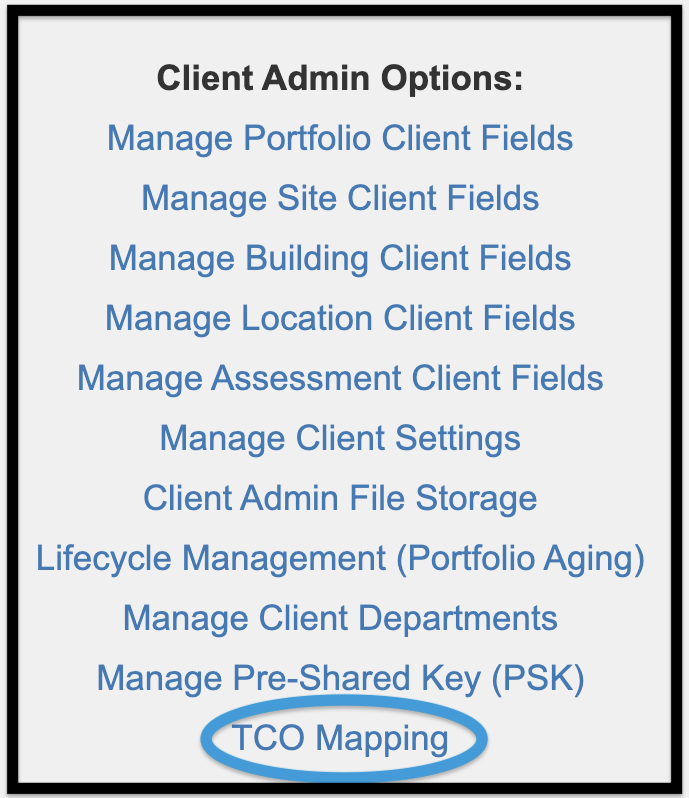 TCO Mapping link in the Admin module which includes navigation to Customize Client Level Names 