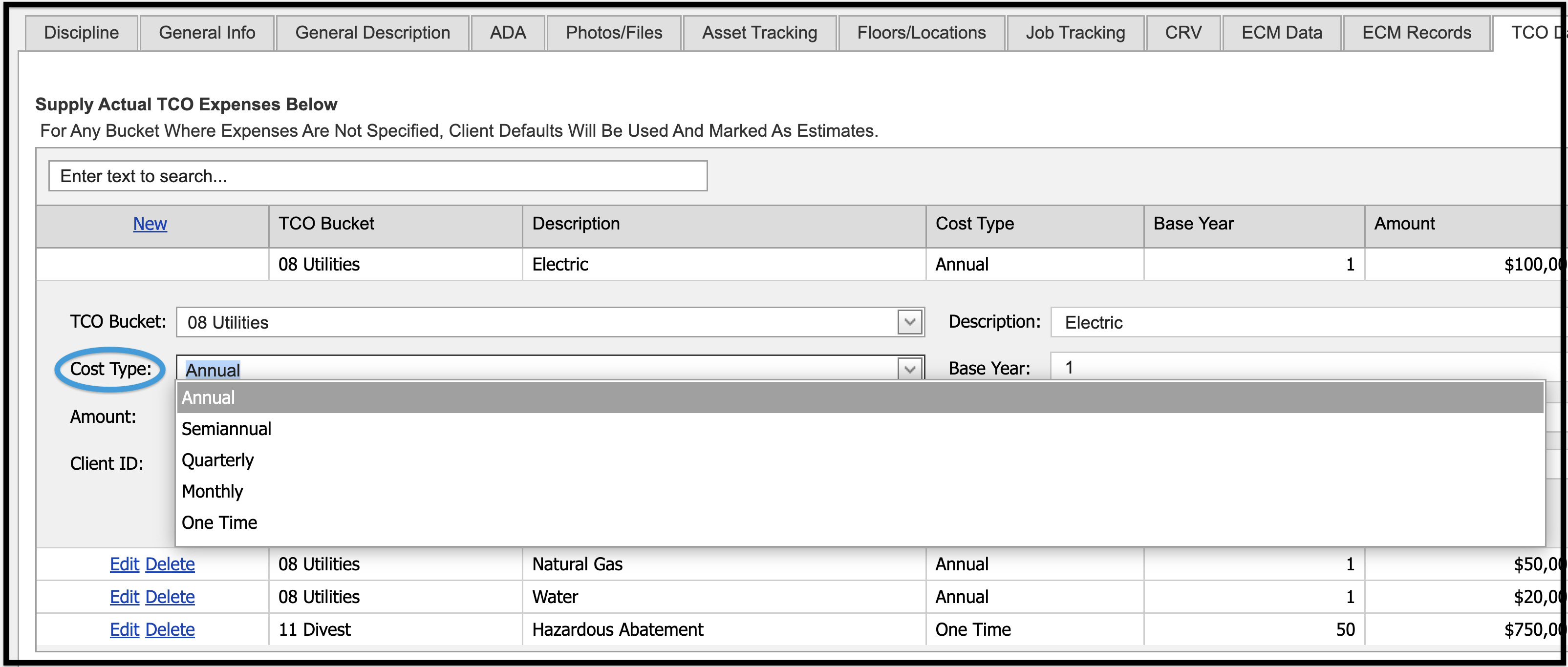 Cost Type dropdown menu highlighted on TCO Data tab of Assets module