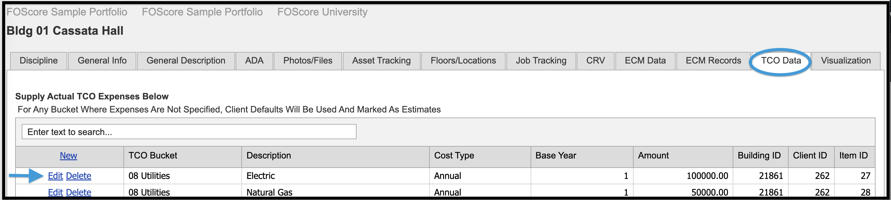 TCO Data tab of Assets module highlighting Edit link 