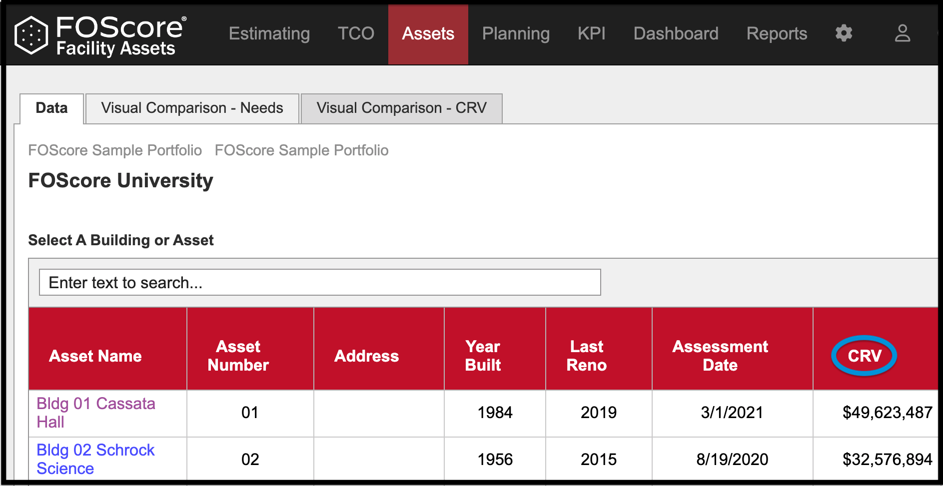 image showing Assets Module highlighting building CRV to illustrate where First Costs of TCO are derived