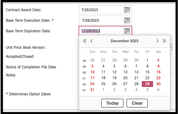 interactive calendar use highlighted on Contract Information tab