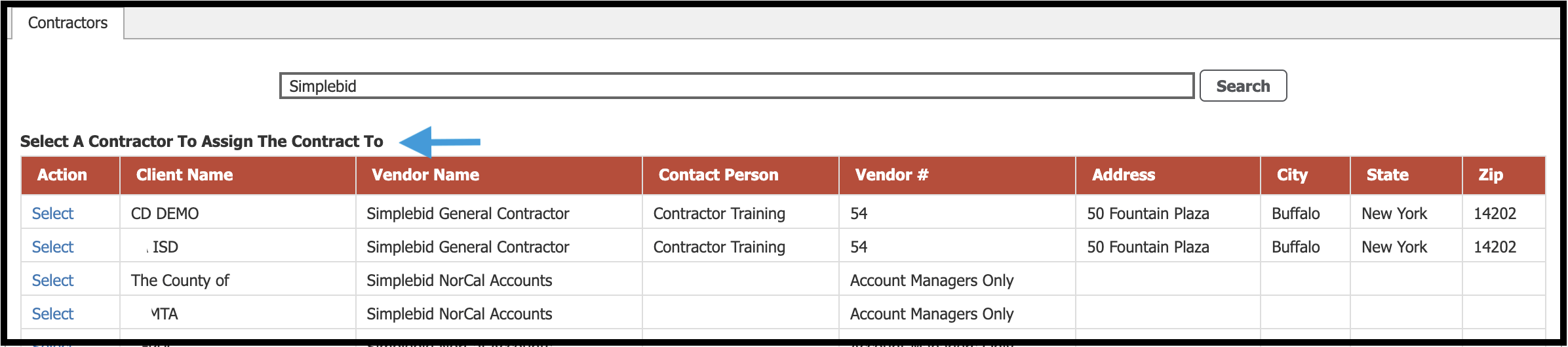 Contractors grid with Select a Contractor highlighted