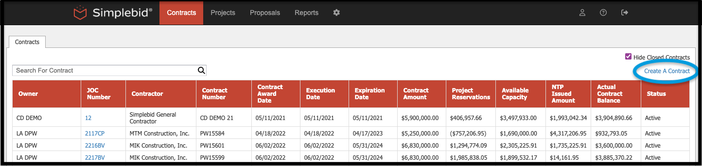 Contracts grid with Create a Contract link highlighted