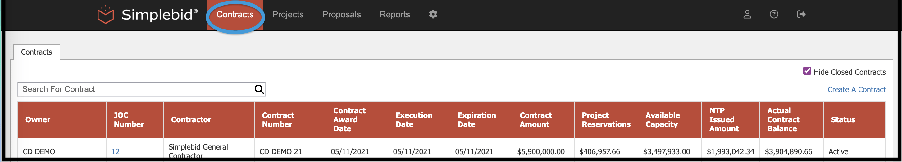 Contracts module highlighted on the navigation bar