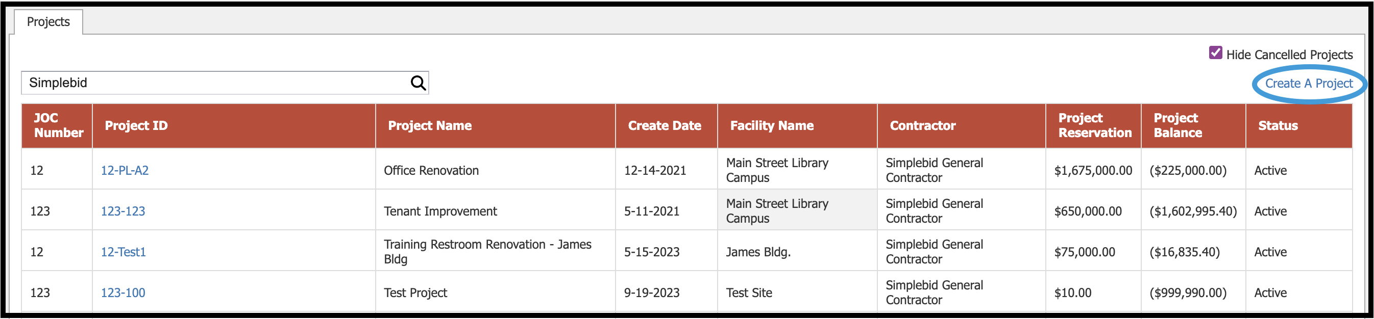 Projects grid with Create a Project link highlighted
