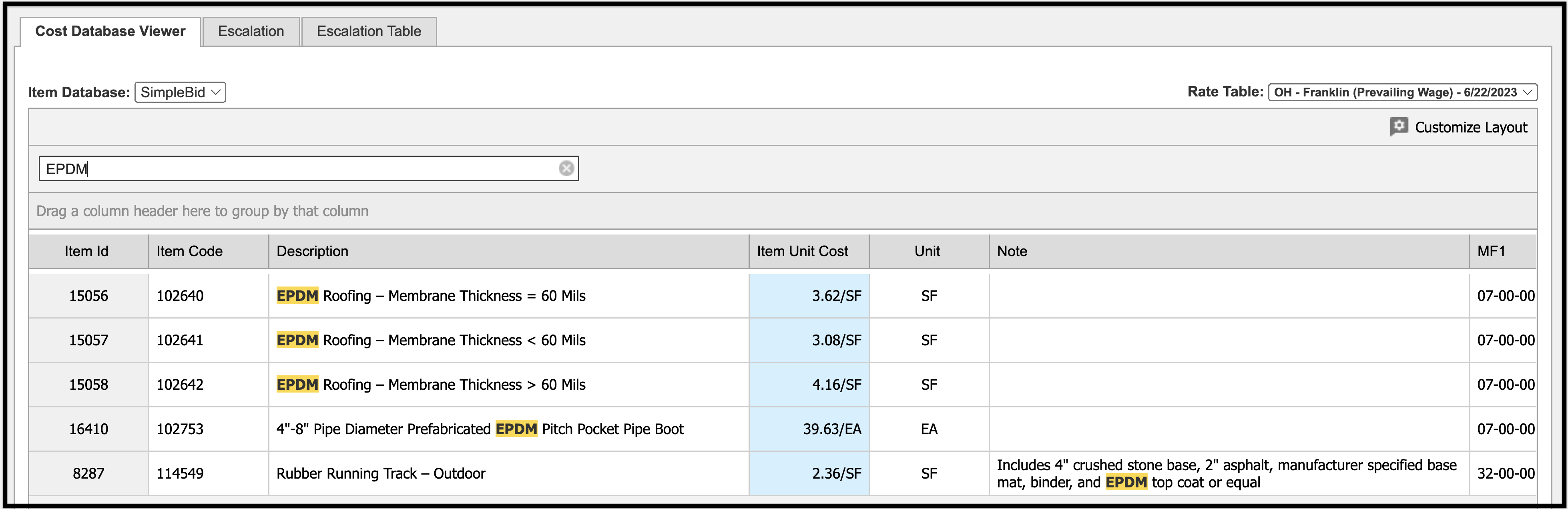 Sample search being applied to the Simplebid database in the Cost Database Viewer