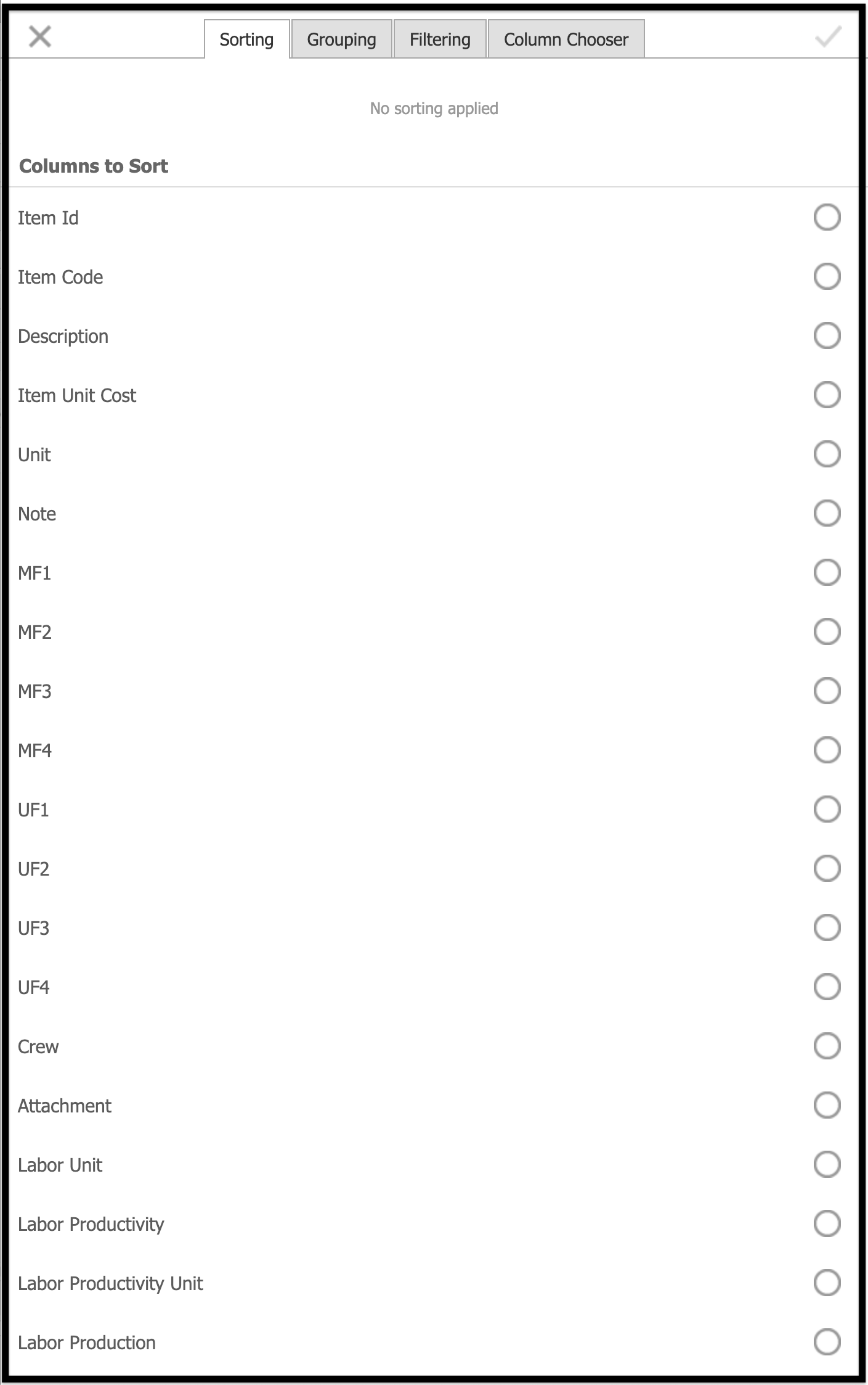 Customize Layout options: Sorting, Grouping, Filtering, and Column Chooser tabs