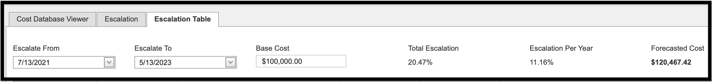 Escalation calculator located in Escalation Table