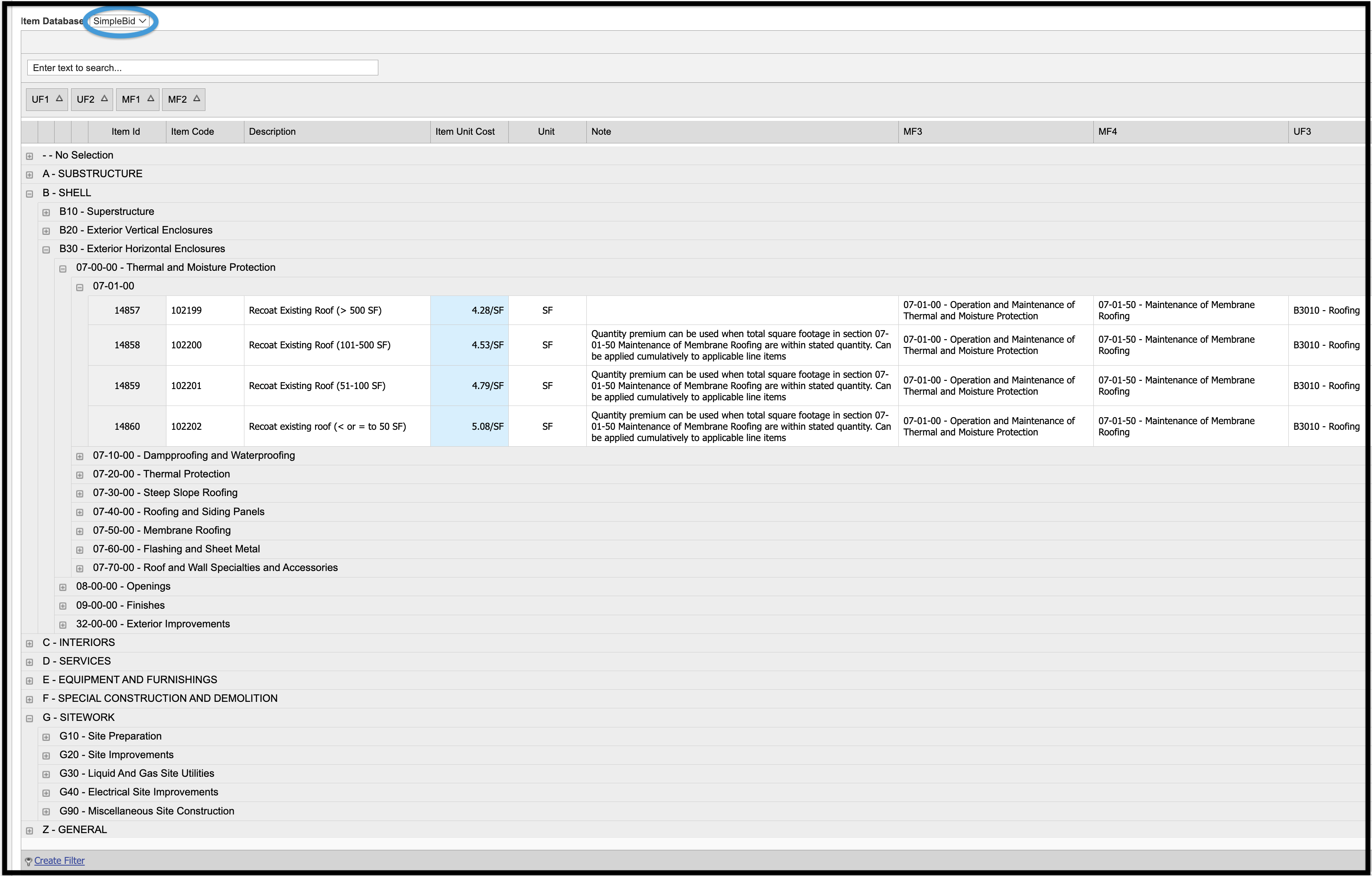 Cost Database Viewer with Simplebid selected