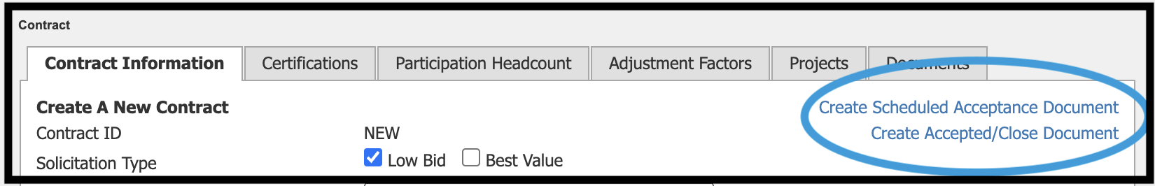 Create Scheduled Acceptance Document and Create Accepted/Close Document links highlighted on the Contract Information screen