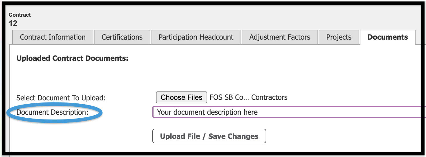 Documents tab with Document Description text box highlighted