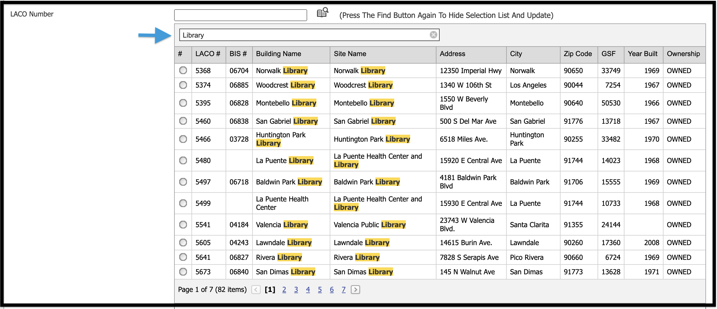 Building Selection search results highlighted