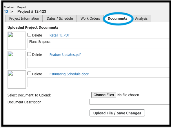 Documents tab showing sample uploaded documents