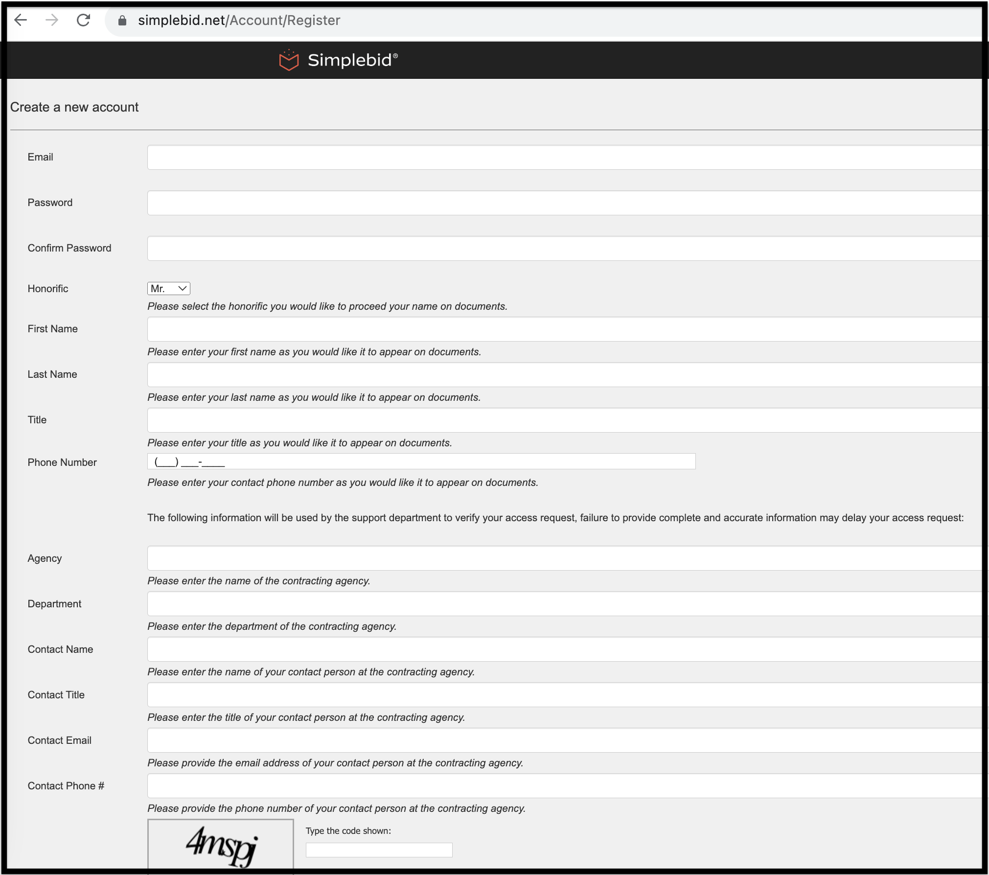 Create a new account form with user profile text boxes