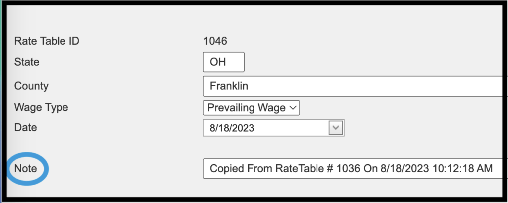 image of Estimating Copy Rate Table form highlighting Note feature with sample content