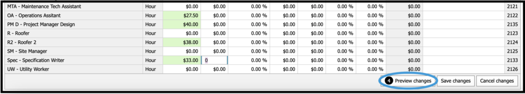 image of Rate Table data grid with sample content being edited